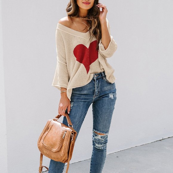 Tops - Beige V-neck Dropped Sleeve Heart Slouchy Top